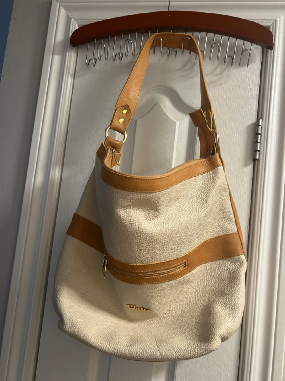 Valentina Cream Shoulder Hobo with Tan Leather Trim